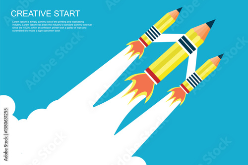 Creative start concept. Start up with pencil rocket