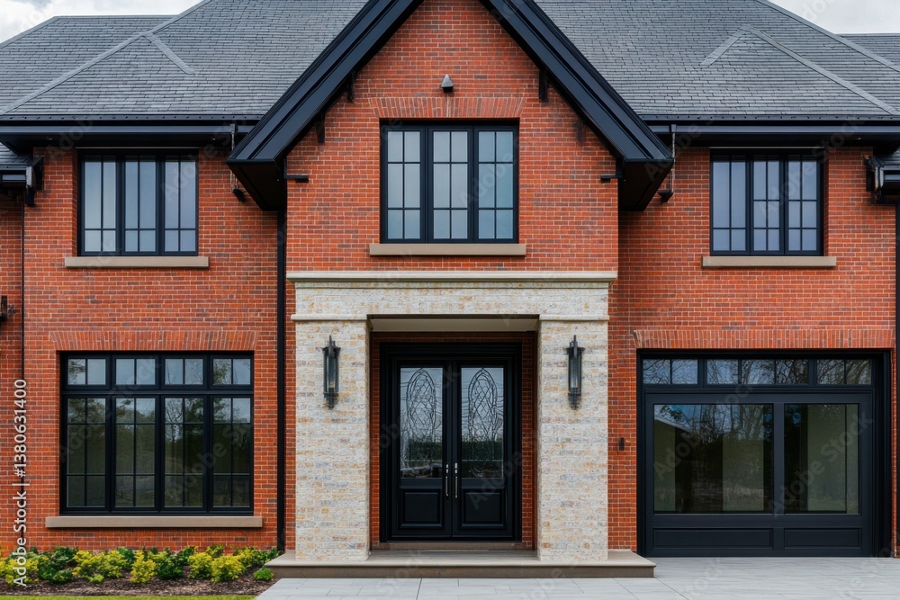 Elegant modern residence featuring a striking brick facade and expansive glass windows in a suburban neighborhood during daytime
