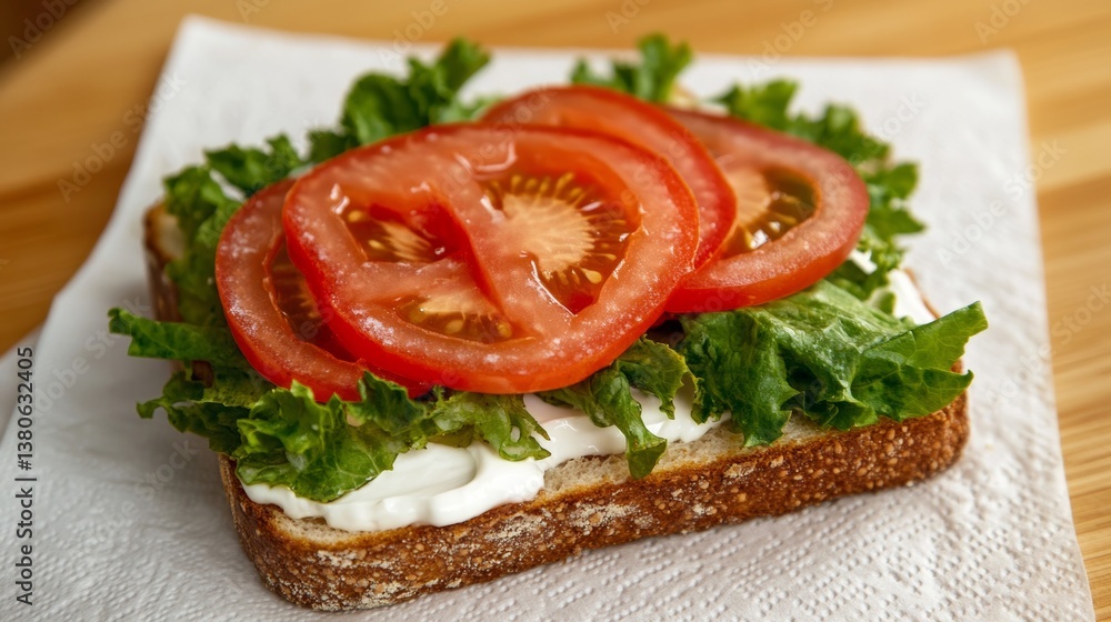 Freshly prepared sandwich with lettuce and tomato on whole grain bread during a sunny afternoon Freshly prepared sandwich with lettuce and tomato on whole grain bread during a sunny afternoon