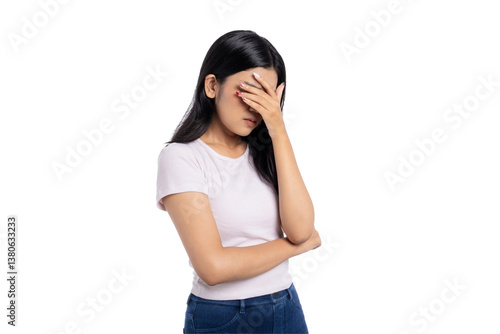 Young Asian woman feeling stressed and covering her face with hand, isolated on transparent background