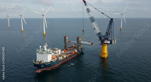 Offshore Wind Farm Construction Vessel and Crane - A heavy-lift vessel uses a crane to install a wind turbine component in an offshore wind farm. Symbolizing renewable energy, sustainable technology