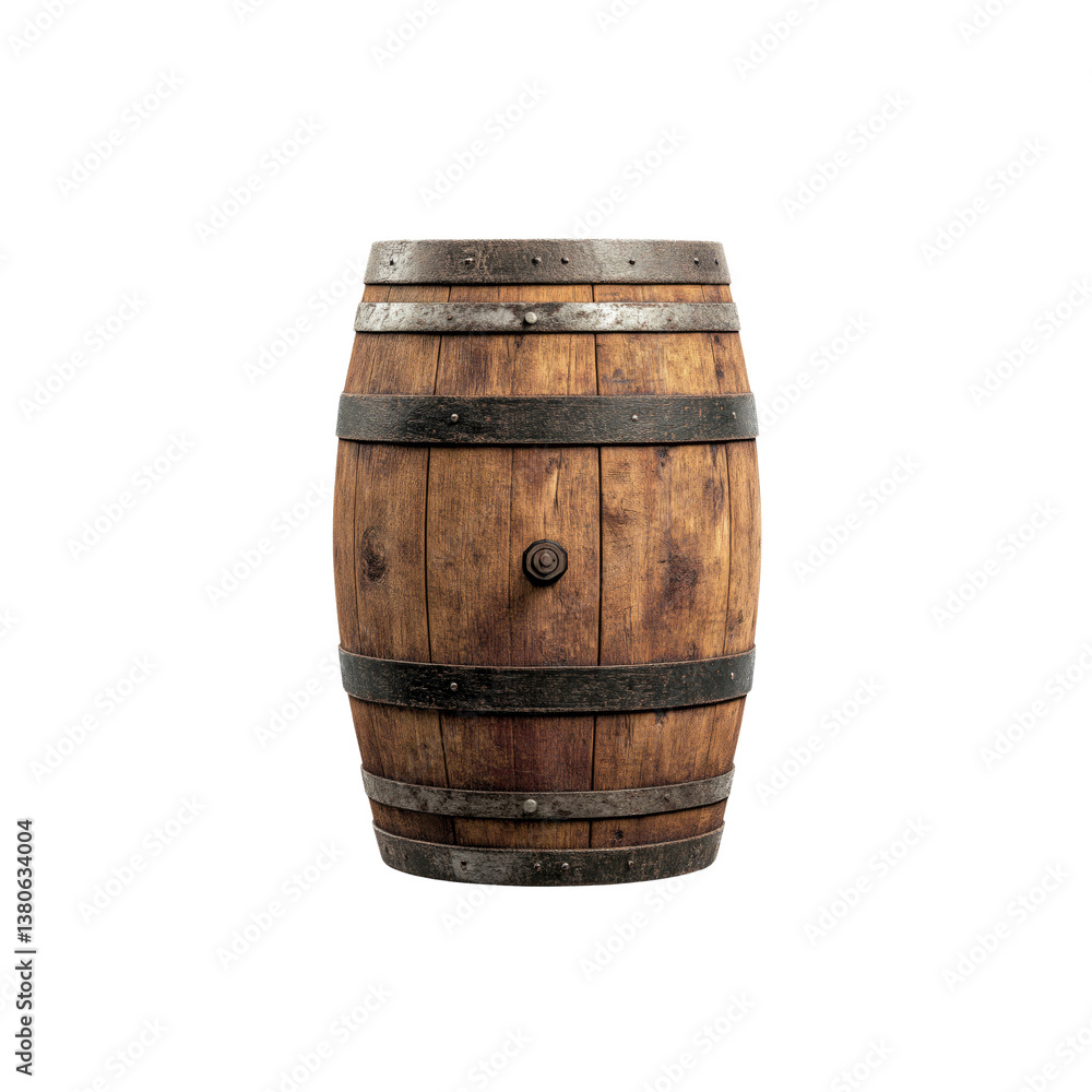 Fototapeta premium Aged Wooden Barrel with Metal Bands - Isolated on 