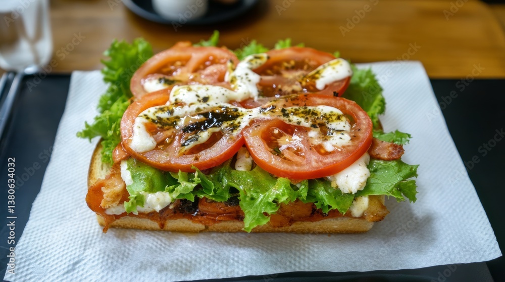 Delicious sandwich topped with fresh vegetables and creamy sauce served on a wooden table at a casual dining setting Delicious sandwich topped with fresh vegetables and creamy sauce served on a wooden table at a casual dining setting