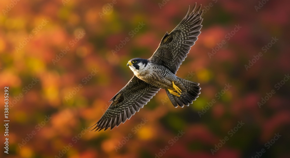 Fototapeta premium Peregrine Falcon in Autumn Flight - A peregrine falcon soars gracefully against a vibrant autumn backdrop of red and orange foliage