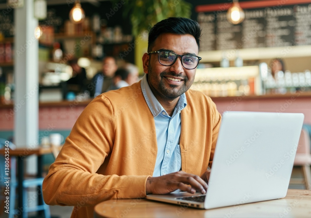 Young entrepreneur enjoying remote work, typing on his laptop in a trendy cafe Young entrepreneur enjoying remote work, typing on his laptop in a trendy cafe