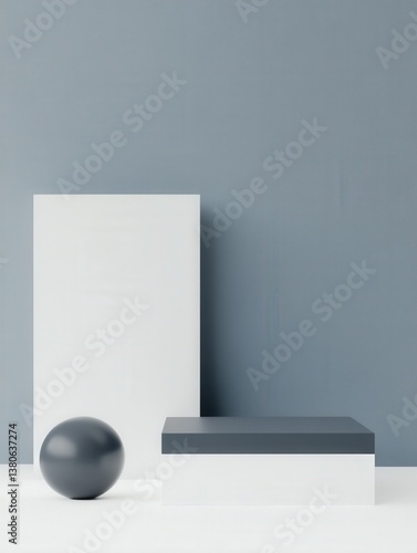 A minimalist composition featuring geometric shapes, including a white rectangular block, a dark gray box, and a spherical object, set against a soft blue wall, creating a serene atmosphere