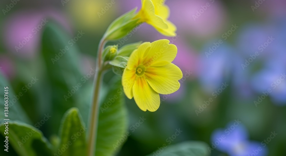 Fototapeta premium Primrose Bloom in Spring Garden - Delicate yellow primrose flowers in a lush garden, symbolizing springtime, new beginnings, hope, serenity, and natural beauty