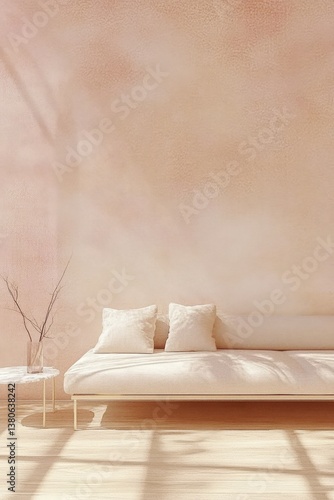 A serene and minimalist living room featuring a light-colored sofa with plush cushions, a simple glass table, and a soft pastel wall, creating a tranquil atmosphere for relaxation