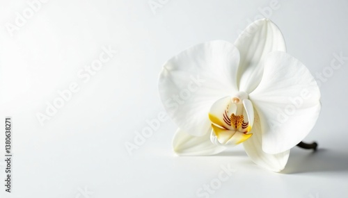 Delicate white orchid blossom on pure white background, botanical, petal, orchid