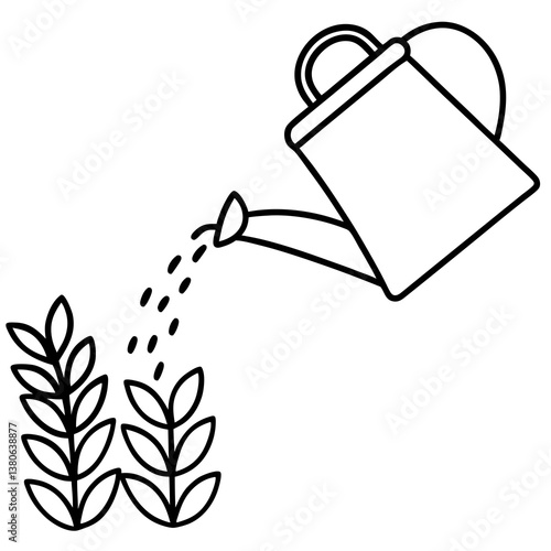 Watering can pouring water on crops line art illustration
