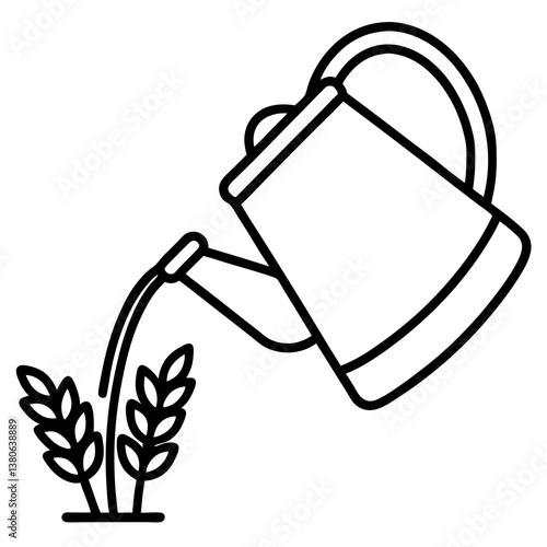 Watering can pouring water on crops line art illustration