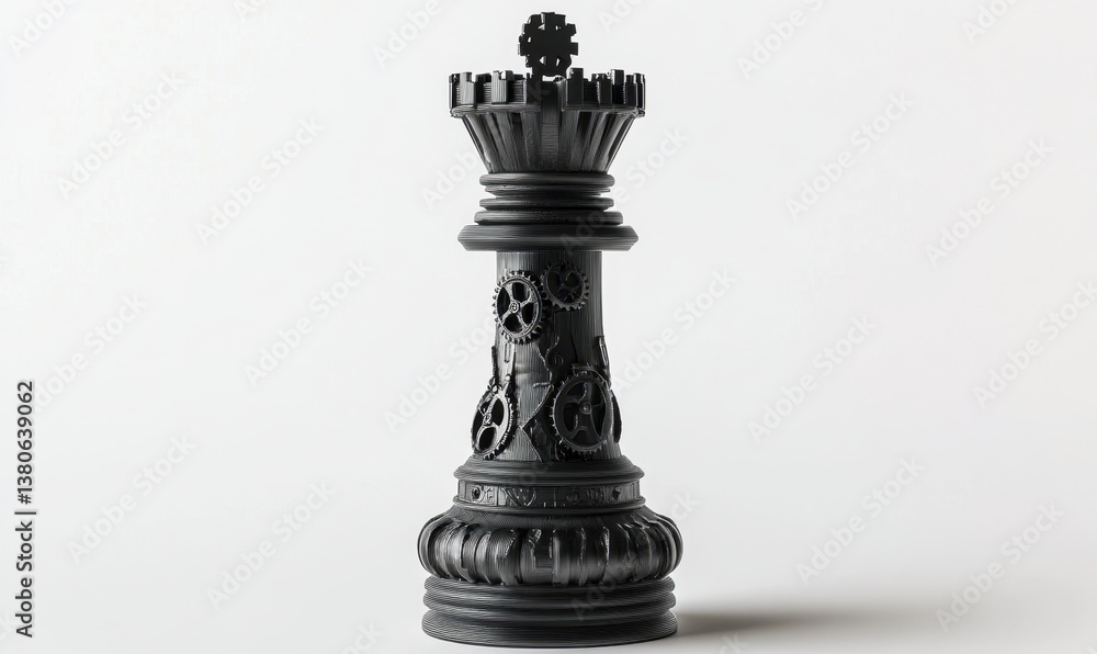 Fototapeta premium Black steampunk chess queen on white background, strategy concept