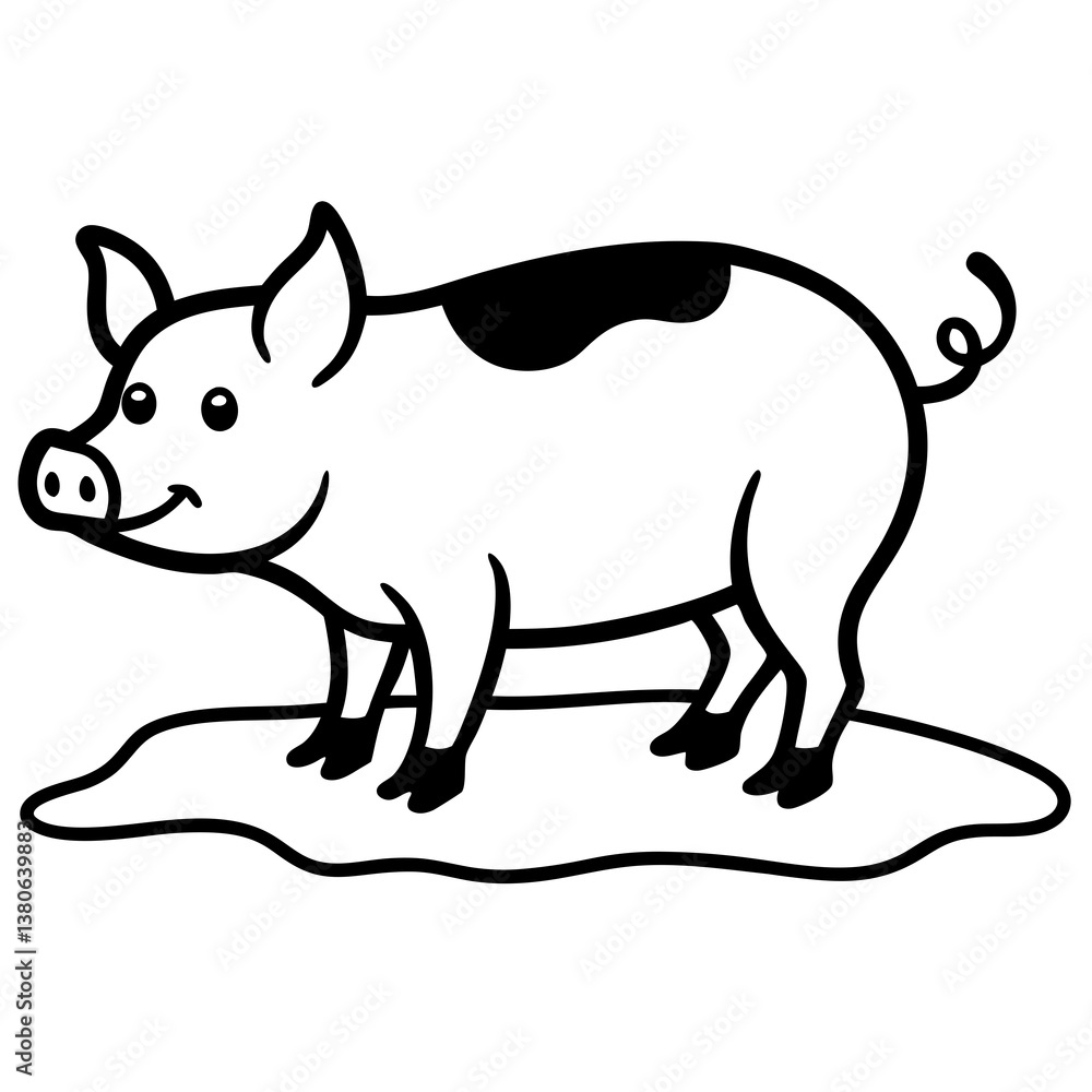 Obraz premium Pig in a muddy puddle line art illustration