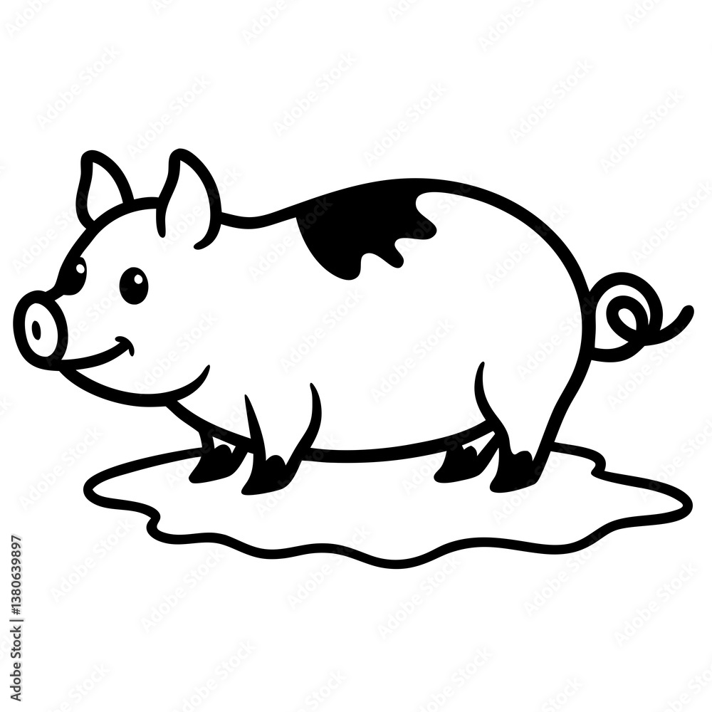 Pig in a muddy puddle line art illustration Pig in a muddy puddle line art illustration