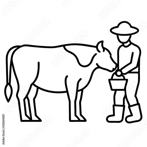 Farmer milking a cow line art