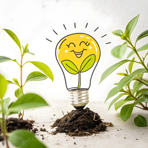 Cartoon light bulb with plant inside.