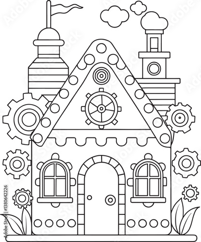 A whimsical clockwork gingerbread house nestled amongst gears and flowers, a charming black and white illustration perfect for coloring.