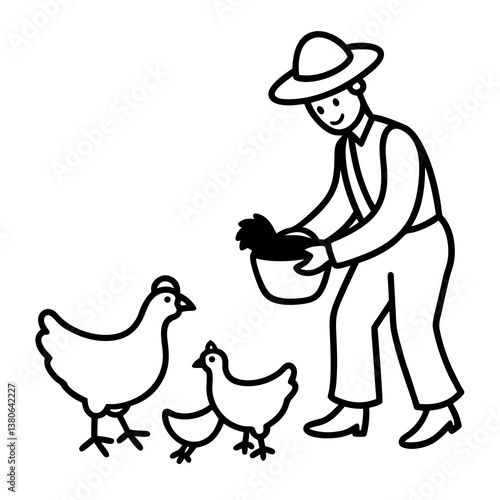  Farmer feeding chickens line art illustration