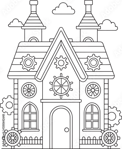 A whimsical clockwork house nestled under fluffy clouds, a charming children's illustration with simple line art and a playful design.
