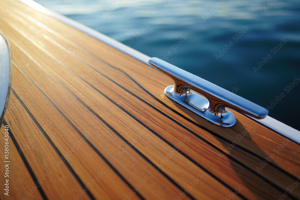 Luxury yacht deck with stainless steel cleat at sunset overlooking calm blue sea Luxury yacht deck with stainless steel cleat at sunset overlooking calm blue sea