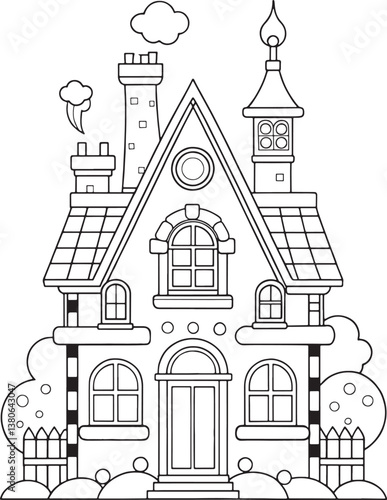 A charming fairytale house, nestled amongst whimsical gardens, smokestacks puffing cheerful clouds, awaiting a family to fill its rooms with laughter and warmth, in a simple line drawing style.