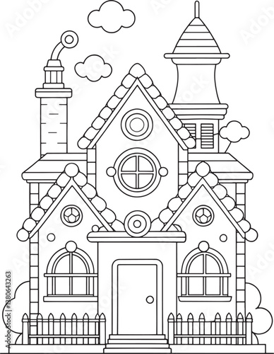 A charming whimsical house, perfect for a child's imagination, features a detailed line drawing with a playful, fairytale-like design.