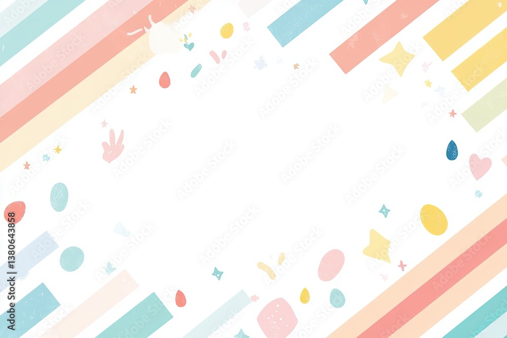 Diagonal pastel rainbow Easter background with integrated seasonal icons and central copyspace for creative printed design Diagonal pastel rainbow Easter background with integrated seasonal icons and central copyspace for creative printed design
