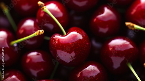 Fresh Ripe Cherries with Stems in Close-Up View