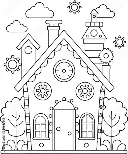 A whimsical clockwork house nestled in a charming garden, a delightful scene ready for a child's imagination with simple line art and a playful design.