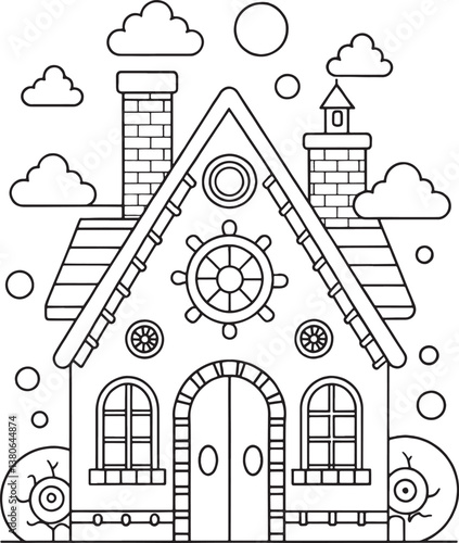 A whimsical gingerbread house dreamscape, adorned with nautical wheels and charming chimneys, nestled under fluffy clouds in a simple line art style.