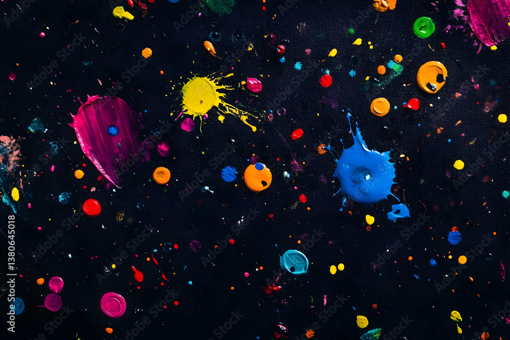 Abstract Colorful Splatter Paint Arrangement Displayed Against a Black Surface Abstract Colorful Splatter Paint Arrangement Displayed Against a Black Surface