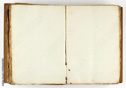 Feuilles, double page de papier ancien sali et jauni par le temps avec taches isolées, registre ouvert à plat. Fond vintage de texture de papier ancien pour les arrière-plans et les projets créatifs.