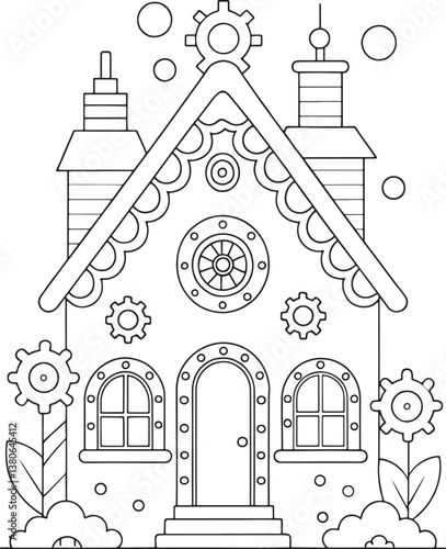 A whimsical clockwork house nestled amongst blooming gears and flowers, a charming line art illustration with simple details.