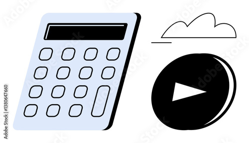 Calculator with numeric keypad, cloud above, and play button icon. Ideal for finance, technology, data, automation, cloud computing digital tools education. Flat simple metaphor