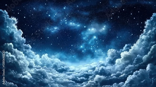 Fototapeta Naklejka Na Ścianę i Meble -  Starry night sky with twinkling stars and fluffy white clouds in dark blue cosmic backdrop, creating dreamy, mysterious, and fantasy atmosphere. Digital illustration for celestial themes, magical scen