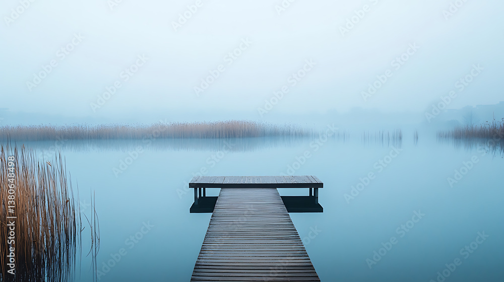 Naklejka premium Calm lake water with foggy moody landscape and wooden dock pier