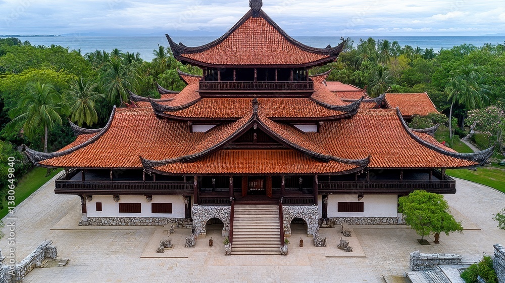 Obraz premium Terracotta Roofed Asian Temple Overlooking Ocean