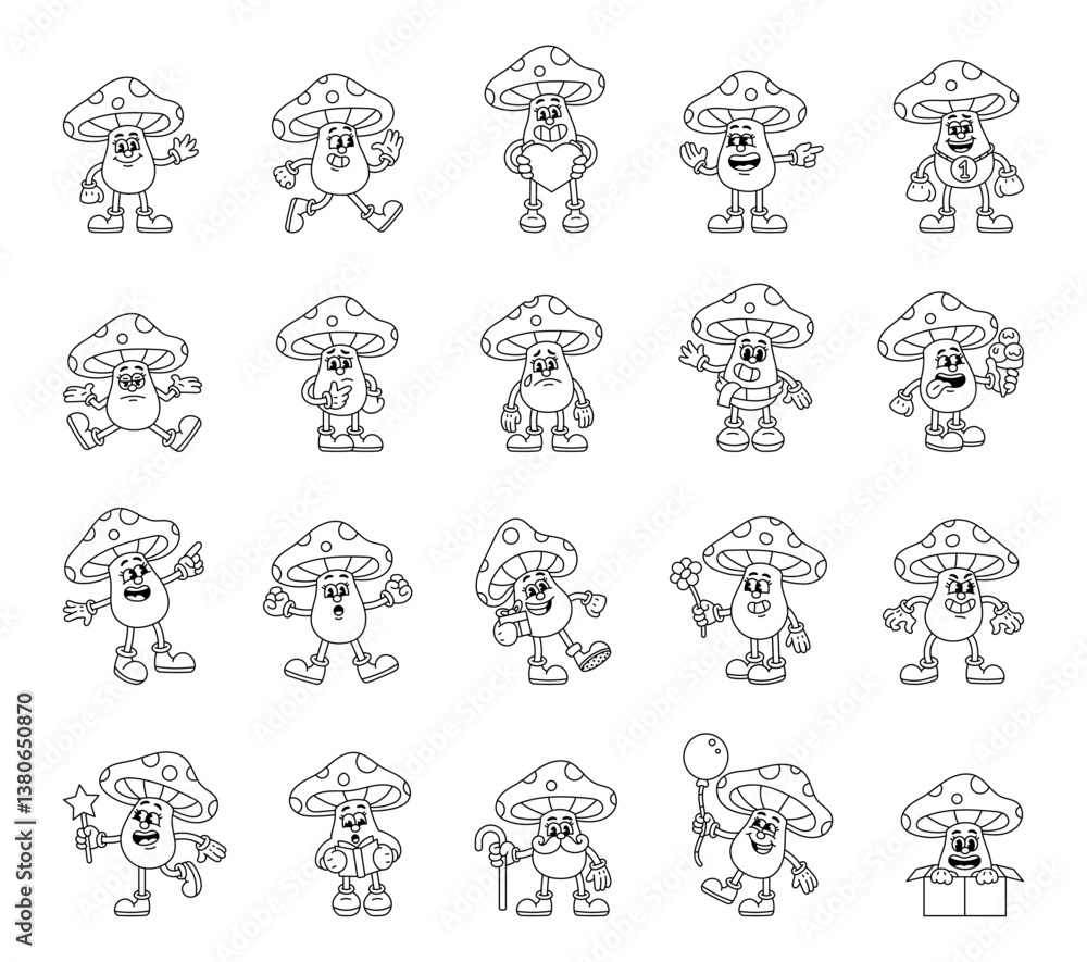 Fototapeta premium Groovy retro vintage toadstool mushroom waving pointing crying jumping holding reading eating smiling standing hugging celebrating sitting opening planning flying resting