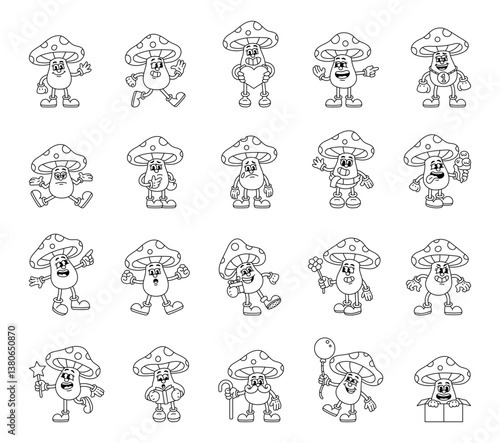 Groovy retro vintage toadstool mushroom waving pointing crying jumping holding reading eating smiling standing hugging celebrating sitting opening planning flying resting
