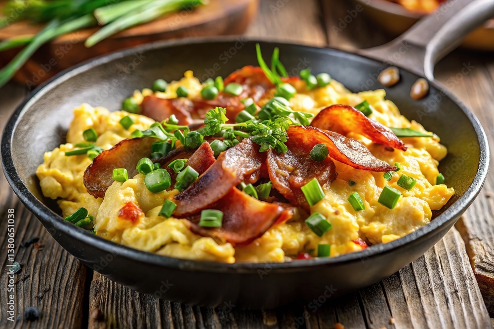 Delicious Scrambled Eggs and Bacon - Frying Pan Close-Up Delicious Scrambled Eggs and Bacon - Frying Pan Close-Up