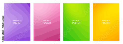 Set of abstract posters. Purple, pink, green and orange background designs. Wavy pattern with gradient transition, blended figures	
