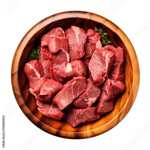 Raw Cubed Red Meat in Wooden Bowl isolated on transparent background