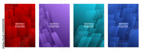 Set of abstract posters. Red, purple, teal and blue background designs. Geometric pattern with gradient transition, crossed rounded parallelograms and rectangles.	

