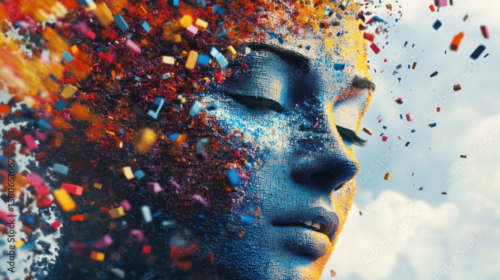 Abstract portrait of a woman with pixelated skin and dispersed colorful fragments Abstract portrait of a woman with pixelated skin and dispersed colorful fragments