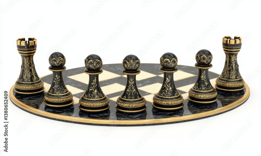 Ornate black chess pieces on marble board, strategy game setup Ornate black chess pieces on marble board, strategy game setup