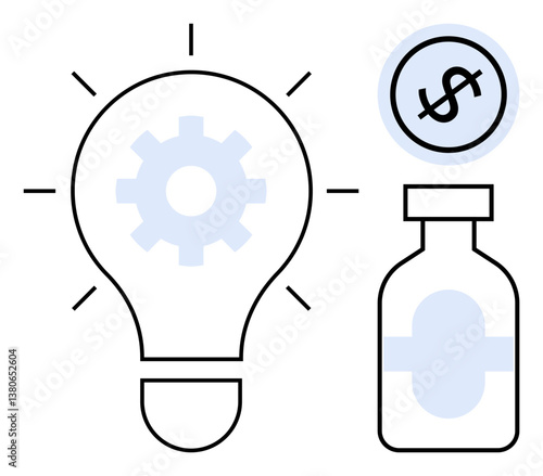 Lightbulb with gear symbol, medicine bottle, and dollar sign highlighting healthcare innovation, cost efficiency, medical research, pharmaceutical funding. Ideal for technology, healthcare