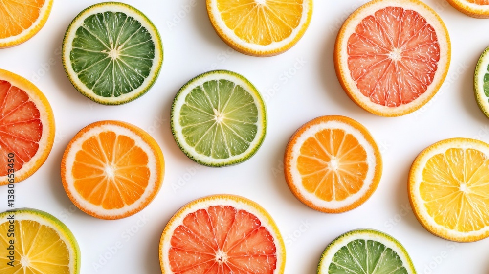 Fototapeta premium Colorful citrus slices arranged on a white background