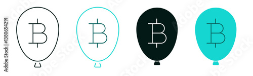 Balloon with bitcoin line icon set. Inflation, financial boom growth, bubble burst, money, decline or devaluation concept. Linear symbol for web or mobile app. Outline logo. Editable vector stroke.