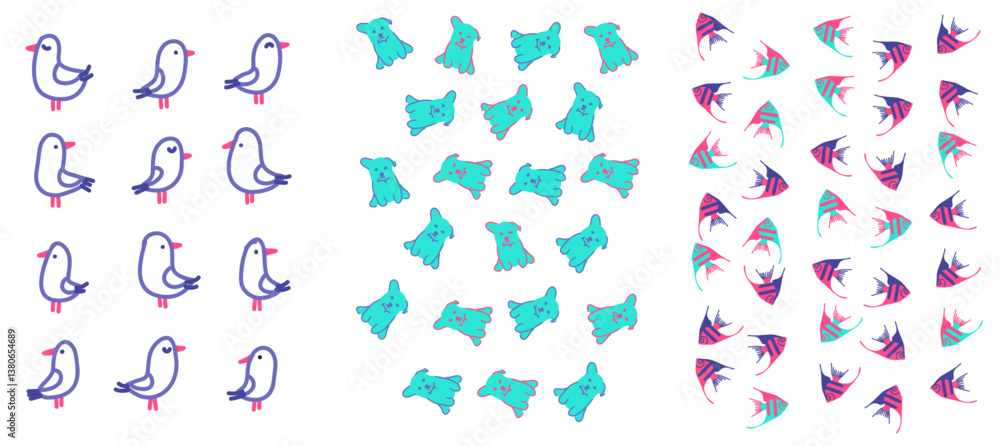 Obraz premium Minimalist illustrations of birds, abstract shapes, and fish in a vibrant color palette of blue, pink, and cyan