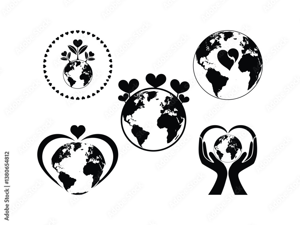 Obraz premium Earth with Heart Silhouettes Vector Set - Love Planet Design